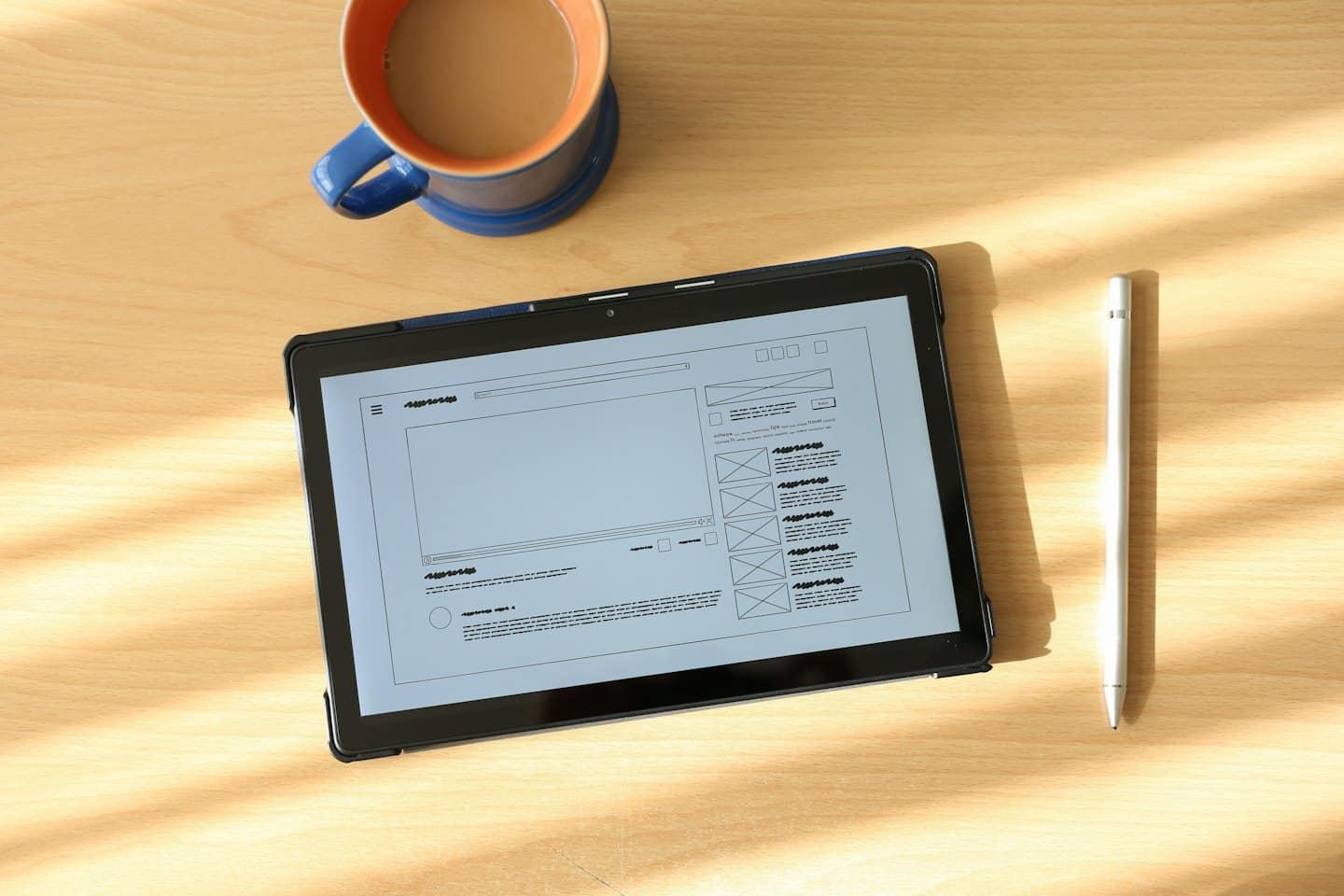 Tablet con wireframe di un sito web su una scrivania di legno con tazza di caffè.